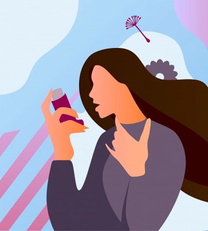 Long brown haired woman with asthma holding an inhaler on her hand